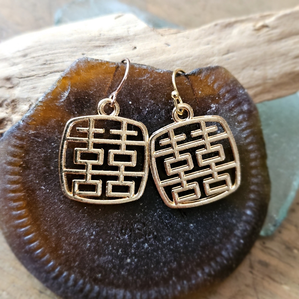 Handmade Gold 囍 Chinese Double Happiness Earrings Wedding Bridal Shower New Year